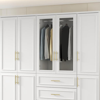 Timechee Almirah for Clothes, White Large Wardrobe Closet System, Bedroom Storage Cabinets with Tempered Glass Doors and Shelves,Hanging Rods, Standing Armoire Wardrobe Closet with Drawers for Bedroom