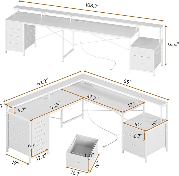 SEDETA L Shaped Desk with 6 Drawer, 108" Home Office Desk with File Drawer & Power Outlet, Corner Computer Desk with Monitor Shelf, File Cabinet, Two Person Desk, Gaming Desk with Led Lights, White
