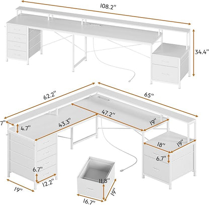 SEDETA L Shaped Desk with 6 Drawer, 108" Home Office Desk with File Drawer & Power Outlet, Corner Computer Desk with Monitor Shelf, File Cabinet, Two Person Desk, Gaming Desk with Led Lights, White