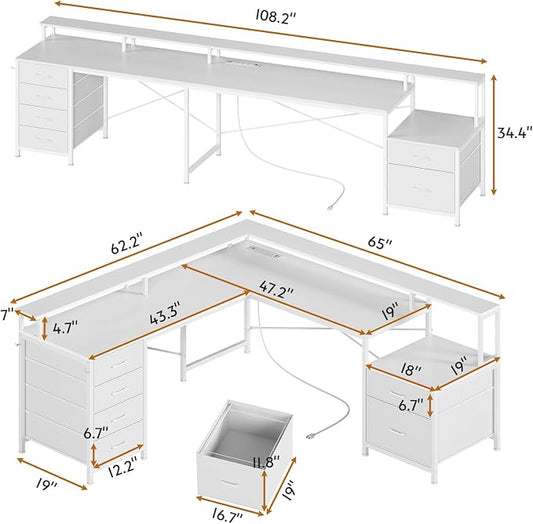 SEDETA L Shaped Desk with 6 Drawer, 108" Home Office Desk with File Drawer & Power Outlet, Corner Computer Desk with Monitor Shelf, File Cabinet, Two Person Desk, Gaming Desk with Led Lights, White