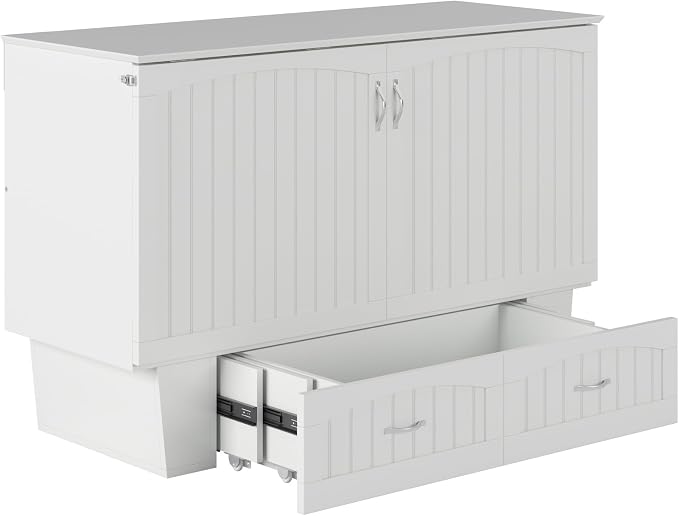 AFI, Nantucket Queen Murphy Bed Chest with Mattress, Storage Drawer and Built-In USB Charger, White
