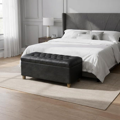 HomePop 40" Button Tufted Storage Bench - Black Faux Leather