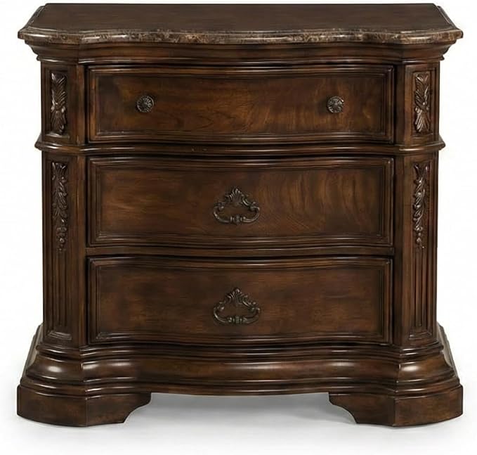 First of a Kind Barney's Traditional 5 Piece Queen Bedroom Set Solid Wood Furniture Collection with Walnut Finish, Classic Carved Design for Coordinated Bedroom Interiors