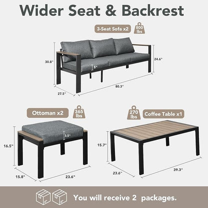 Patio Furniture Set 8 Seats and Coffee Table, Patio Conversation Set with Washable Thick Cushions, Deluxe Aluminum Modern Outside Sectional for Porch, Balcony, Deck, Yard, Light Gray