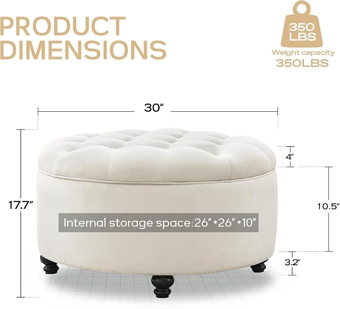 HUIMO 30-Inch Round Storage Ottoman, Modern Button Tufted Coffee Table with Removable Top, Upholstered Ottoman with Storage Footrest Stool for Living Room, Bedroom and Office(Ivory)