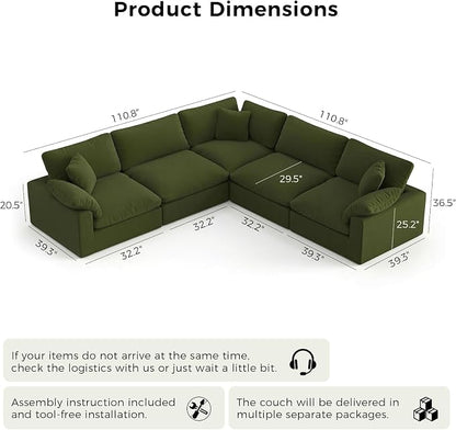 211.6" Cloud Modular Sectional Sofa,Green Down Filled Sofa 5 Seat,Minimalist Sofa Cover Washable and Replaceable Couches for Living Room,Sectional Sofa Deep Seat