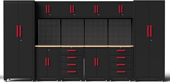 Garage Storage Cabinet System, 12Pcs Garage Cabinets and Storage System Corner Workshop Set with Corner Cabinet, Cabinet Drawers, Workbench, Pegboard for Tool Organization, Black Red