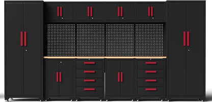 Garage Storage Cabinet System, 12Pcs Garage Cabinets and Storage System Corner Workshop Set with Corner Cabinet, Cabinet Drawers, Workbench, Pegboard for Tool Organization, Black Red
