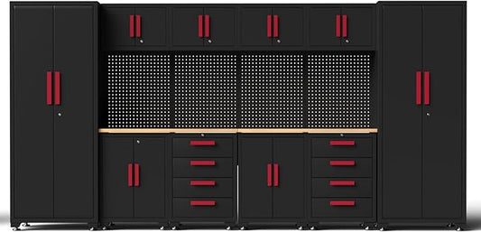 Garage Storage Cabinet System, 12Pcs Garage Cabinets and Storage System Corner Workshop Set with Corner Cabinet, Cabinet Drawers, Workbench, Pegboard for Tool Organization, Black Red