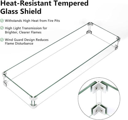 GRISUN Upgraded 36" x 12" Drop-in Fire Pit Burner Kit, Gas Fire Pit Kit with Glass Wind Guard & Lid, Linear Fire Pit Pan Insert with Spark Ignition for Fire Pit Tables