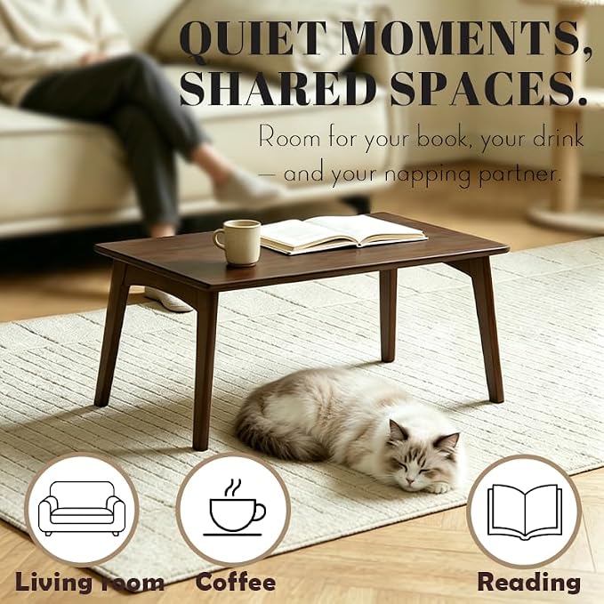 Bamboo Folding Coffee Table, Japanese Low Desk, No Assembly Portable Furniture, for Dining Working Studying Relaxing, Chestnut, 26 x 15.8 x 11.8 Inches