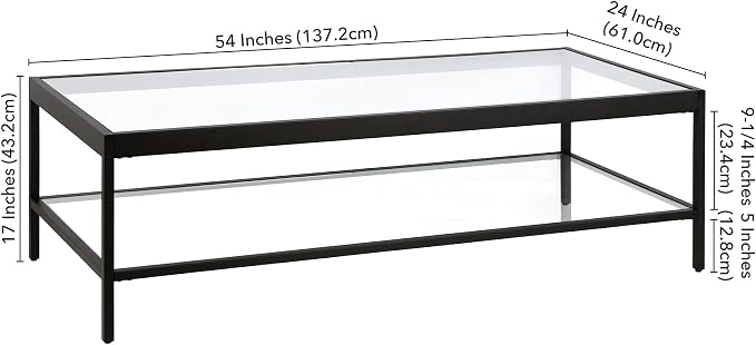Henn&Hart 54" Wide Rectangular Rectangular Coffee Table in Blackened Bronze, Modern Rectangular Coffee Tables for living room, studio apartment essentials | Open lower shelf adds practical storage while the glass design keeps spaces feeling bright