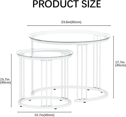 Garden 4 you Nesting Coffee Table, 23.6" Round Coffee Table Set of 2, Glass Nesting Table with Metal Frame, Ceter Tables for Living Room Bedroom Balcony, White