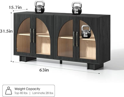 JOINICE 63” Sideboard Buffet Cabinet with Storage for Dining Room,Black | Modern Accent Console Cabinet with Arched Glass Doors,supports up to 100 lbs,Adjustable Shelves,for Kitchen,Entryway