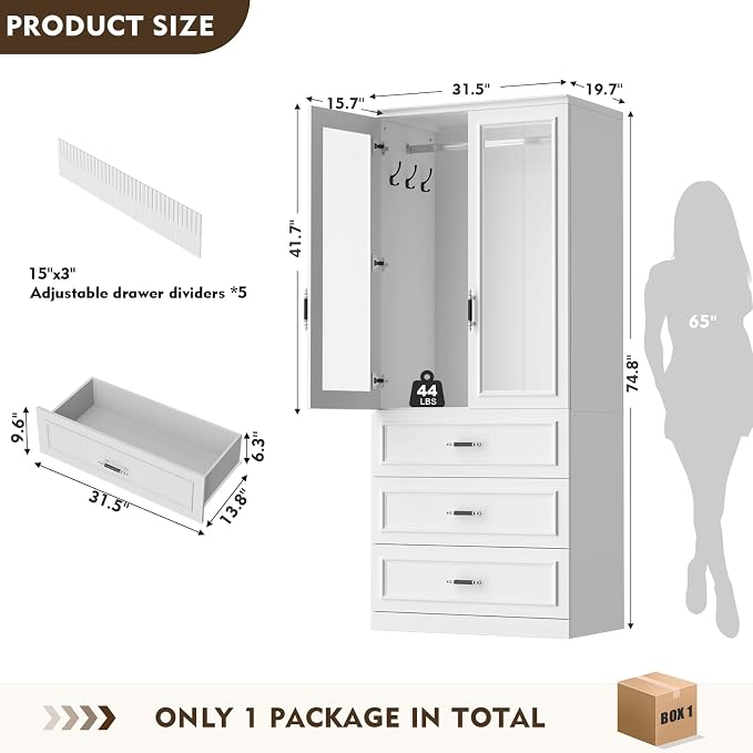 MEISSALIVVE Armoire Wardrobe Closet with 2 Door & 3 Drawers, 74.8" Large Wardrobe Cabinet with Hanging Rod, Freestanding Modern Bedroom Armoire Storage Cabinet, White