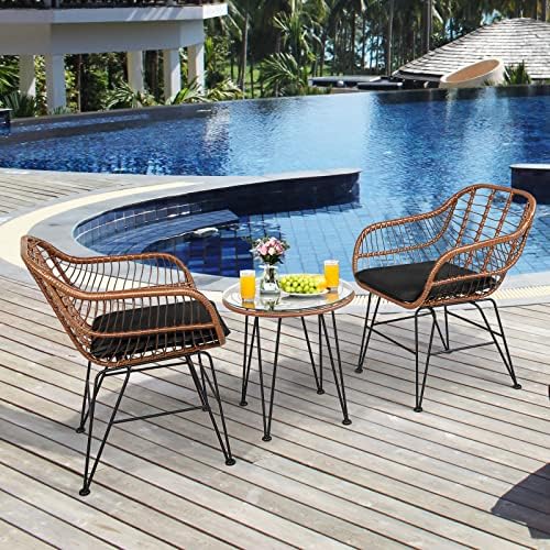 Tangkula 3 Pieces Patio Conversation Bistro Set, Outdoor Wicker Furniture w/Round Tempered Glass Top Table & 2 Rattan Armchairs, Bistro Chat Set w/Seat Cushions for Porch, Backyard, Garden