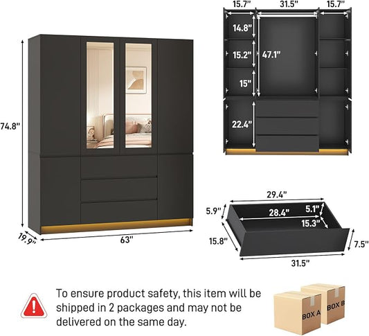 4 Doors Armoire Wooden Wardrobe Closet with 3 Drawers & 2 Mirror, 75"H Clothing Storage Cabinet with Hanging Rod,Modern Bedroom Large Freestanding Armoires with Led Lights for Bedroom, Black