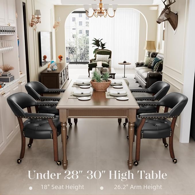 LEEMTORIG Set of 4 Large Dining Chairs with Casters and Arms, Rolling Dining Chairs with Wheels, Accent Game Table Chairs, 26“Dx25.2 Wx31.5“H, Cherry Legs & Black SY-1533-BK