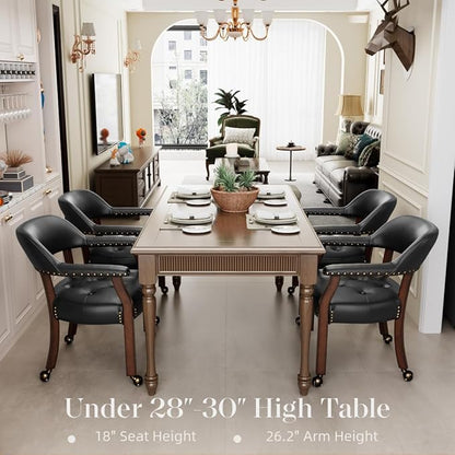 LEEMTORIG Set of 4 Large Dining Chairs with Casters and Arms, Rolling Dining Chairs with Wheels, Accent Game Table Chairs, 26“Dx25.2 Wx31.5“H, Cherry Legs & Black SY-1533-BK