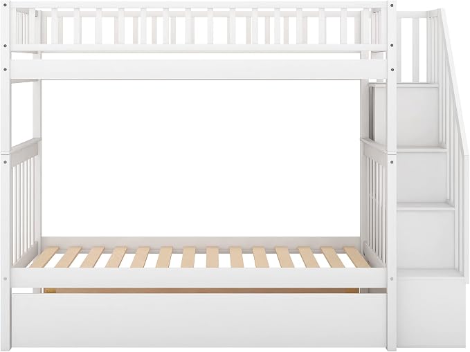 Solid Wood Twin Over Twin Bunk Bed with Trundle, Staircase, 4 Storage Shelves and Guard Rail, Can be Split Into 3 Separate Beds, No Box Spring Needed (White+3 Bed)