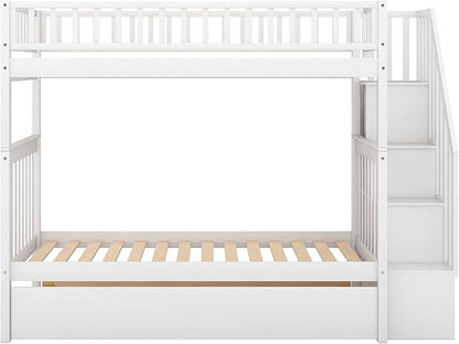 Solid Wood Twin Over Twin Bunk Bed with Trundle, Staircase, 4 Storage Shelves and Guard Rail, Can be Split Into 3 Separate Beds, No Box Spring Needed (White+3 Bed)