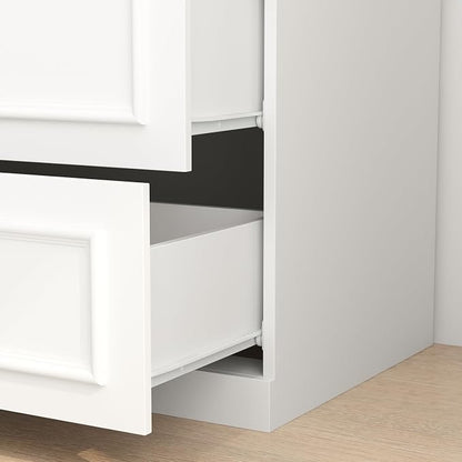 WOODTIME Wardrobe Closet with Hanging Rod, 3 Framed Drawers & 2 Glass Doors, Modern Wooden Armoire, Clothes Storage Cabinet Organizer for Bedroom Apartment, White