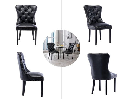 EALSON Modern Black Dining Chairs Set of 8 Mid Century Leather Dining Room Chairs with Wood Legs Tufted Upholstered Kitchen Side Chairs with Nail Head Trim for Dining Room/Living Room, Back with Ring