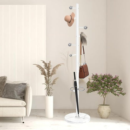 Modern Metal Coat Rack Stand, Coat Rack Freestanding with Natural Marble Base,Sturdy Heavy Duty Coat Racks with 8 Hooks, White Coat Hall Tree Stand for Entryway, Office