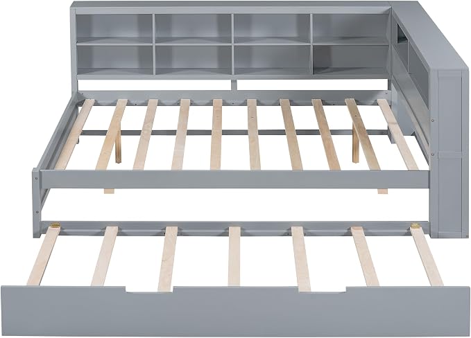 Bellemave Full Corner Bed Frame with Trundle, Wood Full Size Daybed with L-Shaped Bookcase，Daybed with Storage Cabinets, Gray