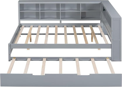 Bellemave Full Corner Bed Frame with Trundle, Wood Full Size Daybed with L-Shaped Bookcase，Daybed with Storage Cabinets, Gray