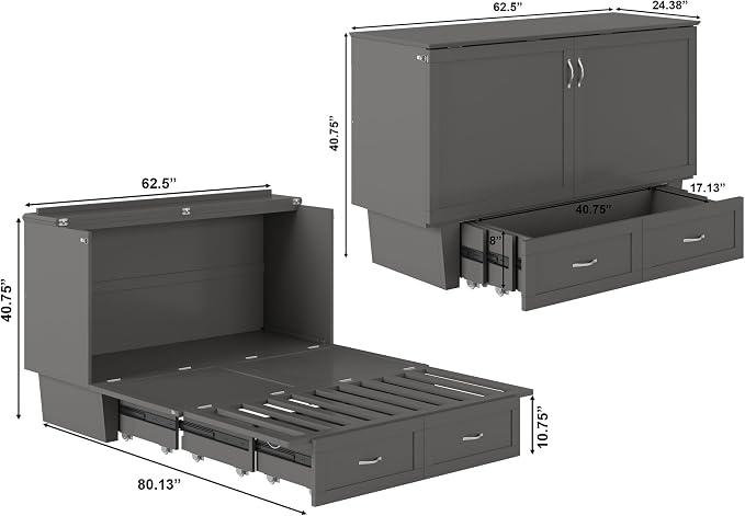 AFI, Monroe Queen Murphy Bed Chest with 6" Mattress, Storage Drawer & Built-in USB Charger, Grey