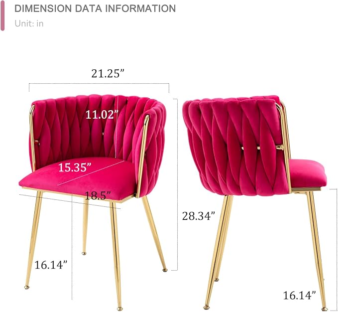 Velvet Dining Chairs Set of 6, Modern Dining Chair with Gold Metal Legs, Woven Upholstered Dining Chairs for Dining Room, Kitchen, Vanity, Living Room (Rose Red)