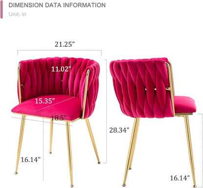Velvet Dining Chairs Set of 2, Modern Upholstered Dining Room Chairs with Golden Metal Legs and Woven Backrest for Dining Room, Kitchen, Vanity, Living Room (Rose Red)