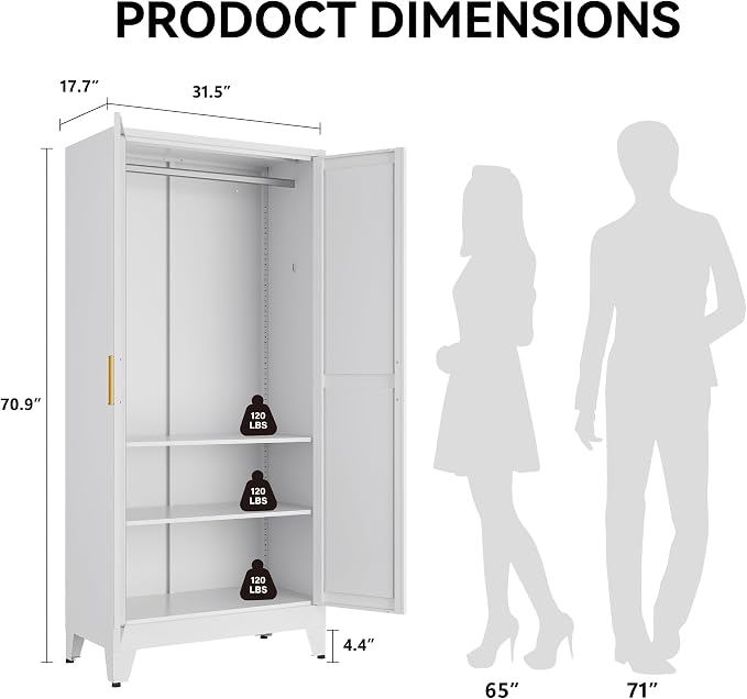 COFaR 71" Metal Wardrobe Closet with Adjustable Hanging Rod & 2 Shelves, Freestanding 2-in-1 Armoire Cabinet with Large Top/Bottom Storage, White Steel Closet Organizer