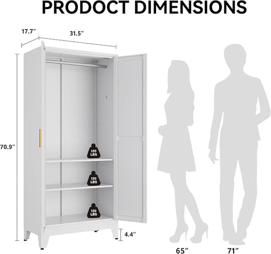 COFaR 71" Metal Wardrobe Closet with Adjustable Hanging Rod & 2 Shelves, Freestanding 2-in-1 Armoire Cabinet with Large Top/Bottom Storage, White Steel Closet Organizer