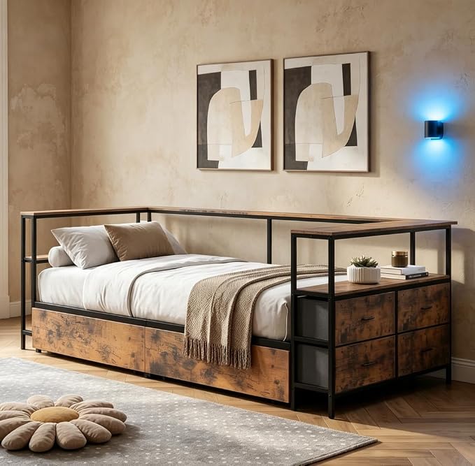 Bellemave Twin Corner Bed Frame with Desk and Storage, Twin Size Corner beds with Charging Station and LED Light, Wood Daybeds with L-Shaped Bookcase and Drawers, Black+Brown