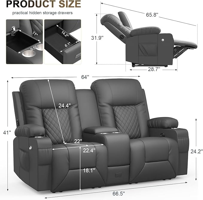 YONISEE Large Loveseat Recliner, Loveseat Recliner Sofa with Storage Console, Recliner Chair with USB Ports, 2 Cell Phone Holders, Cup Holder, Loveseat Couch for Living Room (Dark Gray)