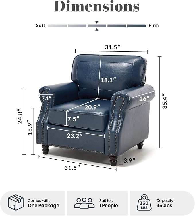 Kingfun Loveseat 2 Seater Couch with Chair, Mid Century Modern Faux Leather Sofa Set with Rolled Arms and Deep Seats, Fluffy Comfort for Living Room, Apartment, Easy Assembly, Blue