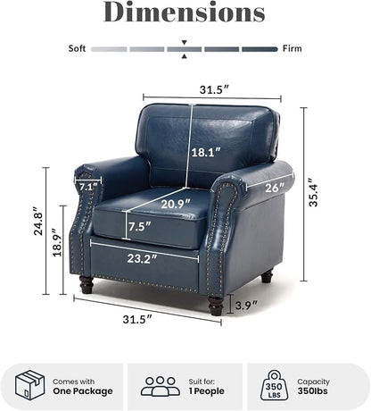 Kingfun Loveseat 2 Seater Couch with Chair, Mid Century Modern Faux Leather Sofa Set with Rolled Arms and Deep Seats, Fluffy Comfort for Living Room, Apartment, Easy Assembly, Blue