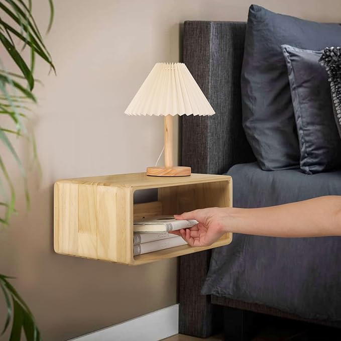 Floating Nightstand, Wall Mounted Bedside Table Wood Bedside Shelf Floating Shelves for Bedroom Bathroom Kitchen Office 18”x 10”x 7.5” Natural