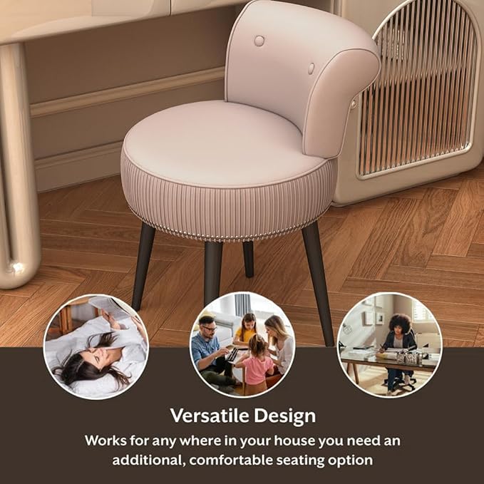 Vanity Chair with Back, Velvet Stool with Low Backrest & Silver Nailhead Trim, Round Vanity Seat for Bedroom and Bathroom Makeup, Support 220lbs, Easy Assembly (Pink)