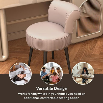 Vanity Chair with Back, Velvet Stool with Low Backrest & Silver Nailhead Trim, Round Vanity Seat for Bedroom and Bathroom Makeup, Support 220lbs, Easy Assembly (Pink)