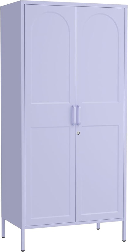 67 Inch Lockable Lavender Purple Metal Storage Wardrobe, French Retro Arched Door Steel Closet with Hanging Rod & Adjustable Shelves for Bedroom Office Size：67" H x 31.5" W x 18.1" D