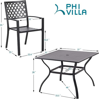 PHI VILLA 5 Pieces Outdoor Dining Set for 4, 37” Black Square Metal Table with Umbrella Hole & Stackable Wrought Iron Chairs, Outdoor Table and Chairs for Patio, Deck, Yard, Porch