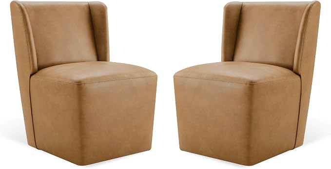 KISLOT Upholstered Dining Chairs Set of 2 with Casters, Wingback Modern Side Armless Deskchair with Rollers for Diningroom Bedroom Livingroom Reading Room, Brown Faux Leather