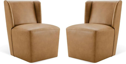 KISLOT Upholstered Dining Chairs Set of 2 with Casters, Wingback Modern Side Armless Deskchair with Rollers for Diningroom Bedroom Livingroom Reading Room, Brown Faux Leather