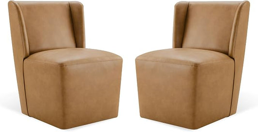 KISLOT Upholstered Dining Chairs Set of 2 with Casters, Wingback Modern Side Armless Deskchair with Rollers for Diningroom Bedroom Livingroom Reading Room, Brown Faux Leather