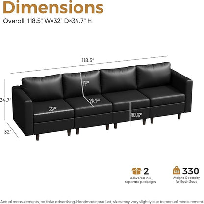 ABCASA Faux Leather Modular Sectional Sofa with Storage Seat, 118.5" 4 Seater Couch Deep Seat with Removable Cover Black