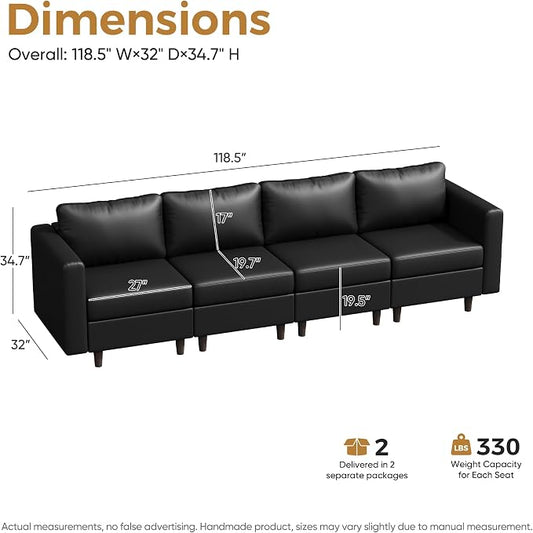 ABCASA Faux Leather Modular Sectional Sofa with Storage Seat, 118.5" 4 Seater Couch Deep Seat with Removable Cover Black