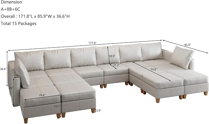 EASE MOOSE U Shaped Modular Sectional Sofa with Storage, Faux Leather Sectional Sofa Oversized Modular Sectional Couch with Reversible Chaises for Living Room